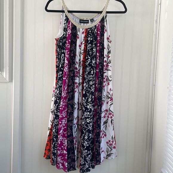 NINA LEONARD Gauzy Flowy Braided Strap Mixed Floral Patchwork Trapeze Dress XL - Picture 2 of 11